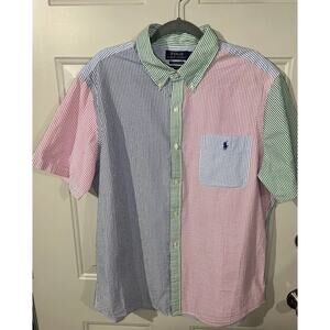 Polo Ralph Lauren Shirt Men XL Pink Color Block Striped Seersucker Untucked